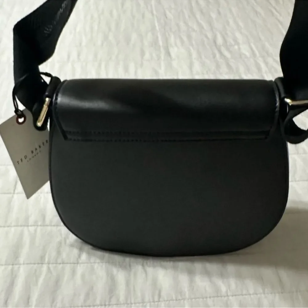 Ted Baker Darcell Black Faux Leather Gold Tone Logo Textured Grosgrain Strap Bag